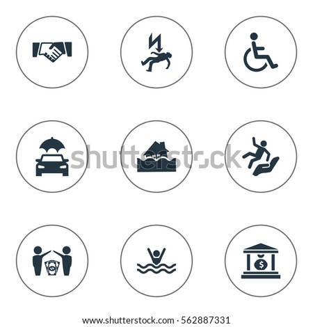 Set Of 9 Simple Icons. Can Be Found Such Elements As Handicapped, Automobile Fuse , Electric Shock  Jeopardy.