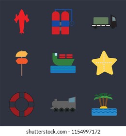 Set Of 9 simple icons such as Island, Railway, Lifebuoy, Starfish, Ship, Pointer, Trailer, Aqualung, Airplane, can be used for mobile, pixel perfect vector icon pack on black background