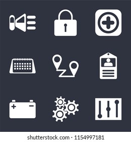 Set Of 9 simple icons such as Controls, Settings, Battery, Id card, Placeholders, Calendar, Add, Locked, Speaker, can be used for mobile, pixel perfect vector icon pack on black background