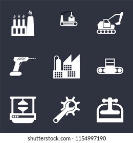 Set Of 9 simple icons such as Machine press, Maintenance, Conveyor, Factory, Drill, Excavator, can be used for mobile, pixel perfect vector icon pack on black