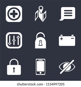 Set Of 9 simple icons such as Hide, Smartphone, Locked, Battery, Controls, Notification, Map, Add, can be used for mobile, pixel perfect vector icon pack on black background