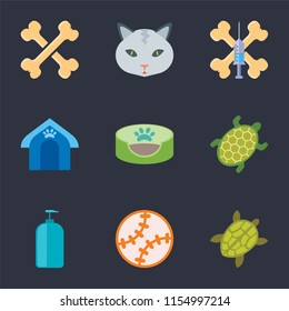 Set Of 9 simple icons such as Turtle, Toy, Shampoo, Pet bed, house, Treats, Cat, Bones, can be used for mobile, pixel perfect vector icon pack on black background