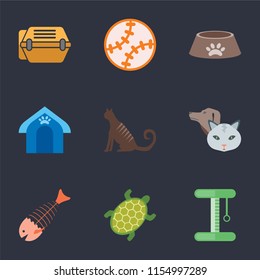 Set Of 9 simple icons such as Platform, Turtle, Fish bone, Pet, Cat, Pet house, Dog food, Toy, Animal carrier, can be used for mobile, pixel perfect vector icon pack on black background