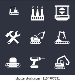 Set Of 9 simple icons such as Digger, Drill, Conveyor, Excavator, Tools, Machine press, Factory, can be used for mobile, pixel perfect vector icon pack on black background