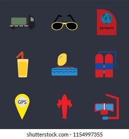 Set Of 9 simple icons such as Snorkel, Airplane, Gps, Aqualung, Parasailing, Cocktail, Passport, Sunglasses, Trailer, can be used for mobile, pixel perfect vector icon pack on black background