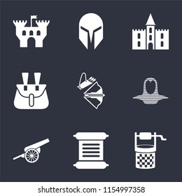 Set Of 9 simple icons such as Water well, Scroll, Cannon, Coif, Crossbow, Belt pouch, Castle, Helmet, can be used for mobile, pixel perfect vector icon pack on black background