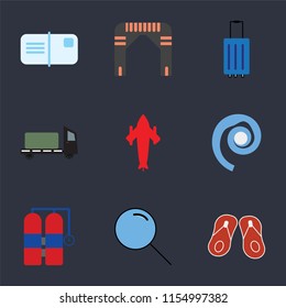 Set Of 9 simple icons such as Flip flops, Search, Aqualung, Seashell, Airplane, Trailer, Luggage, Arch, Postcards, can be used for mobile, pixel perfect vector icon pack on black background