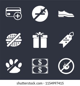 Set Of 9 simple icons such as No fire, Money, pets, Discount, Gift, fast food, Shoes, smoking, Cit card, can be used for mobile, pixel perfect vector icon pack on black background