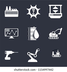 Set Of 9 simple icons such as Conveyor, Robot arm, Drill, Excavator, Oil, Stock, Machine press, Machinery, Factory, can be used for mobile, pixel perfect vector icon pack on black background