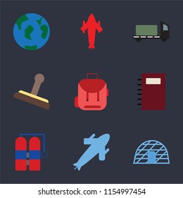 Set Of 9 simple icons such as Igloo, Plane, Aqualung, Notebook, Backpack, Stamp, Trailer, Airplane, Travel, can be used for mobile, pixel perfect vector icon pack on black background