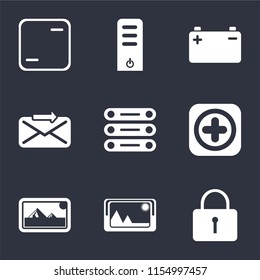 Set Of 9 simple icons such as Locked, Picture, Photos, Add, Database, Send, Battery, Server, Frame, can be used for mobile, pixel perfect vector icon pack on black background