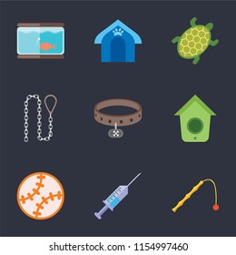 Set Of 9 simple icons such as Toy, Syringe, Birdhouse, Collar, Leash, Turtle, Pet house, Aquarium, can be used for mobile, pixel perfect vector icon pack on black background