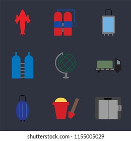 Set Of 9 simple icons such as Elevator, Sand bucket, Luggage, Trailer, Globe, Oxygen, Suitcases, Aqualung, Airplane, can be used for mobile, pixel perfect vector icon pack on black background