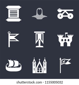 Set Of 9 simple icons such as Flag, Church, Ship, Castle, Standard, Trebuchet, Coif, Scroll, can be used for mobile, pixel perfect vector icon pack on black background