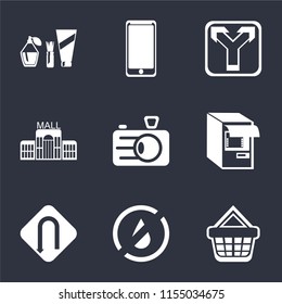 Set Of 9 simple icons such as Shopping basket, No water, Turn, Atm, Camera, Mall, Junction, Smarthphone, Cosmetics, can be used for mobile, pixel perfect vector icon pack on black background