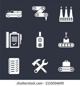 Set Of 9 simple icons such as Conveyor, Tools, Planning, Switch, Plan, Factory, Robot arm, Cargo truck, can be used for mobile, pixel perfect vector icon pack on black background