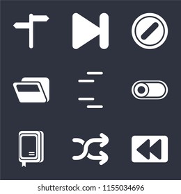 Set Of 9 simple icons such as Rewind, Shuffle, Notebook, Switch, Folder, Forbidden, Next, , can be used for mobile, pixel perfect vector icon pack on black background