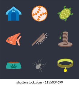 Set Of 9 simple icons such as Collar, Spider, Bowl, Scratching, Brush, Fish, Turtle, Toy, Pet house, can be used for mobile, pixel perfect vector icon pack on black background