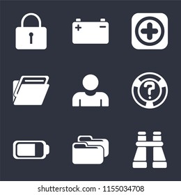 Set Of 9 simple icons such as Binoculars, Folder, Battery, Help, User, Add, Locked, can be used for mobile, pixel perfect vector icon pack on black background