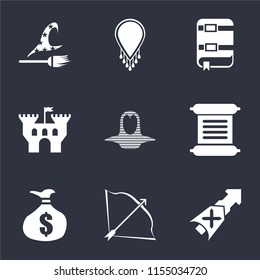Set Of 9 simple icons such as Lance, Bow and arrow, Money bag, Scroll, Coif, Castle, Book, Necklace, Witch, can be used for mobile, pixel perfect vector icon pack on black background