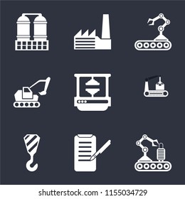 Set Of 9 simple icons such as Conveyor, Planing, Crane, Machine press, Excavator, Factory, Refinery, can be used for mobile, pixel perfect vector icon pack on black background