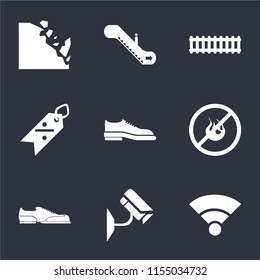 Set Of 9 simple icons such as Wifi, Cctv, Shoes, No fire, Discount, Train, Escalator, Falling rocks, can be used for mobile, pixel perfect vector icon pack on black background