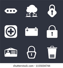 Set Of 9 simple icons such as Trash, Locked, Id card, Battery, Add, Lock, Cloud computing, More, can be used for mobile, pixel perfect vector icon pack on black background