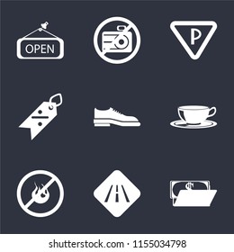 Set Of 9 simple icons such as Wallet, Road, No fire, Coffee cup, Shoes, Discount, Parking, camera, Open, can be used for mobile, pixel perfect vector icon pack on black background