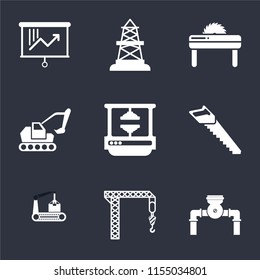 Set Of 9 simple icons such as Pump, Crane, Conveyor, Saw, Machine press, Excavator, Oilfield, Planning, can be used for mobile, pixel perfect vector icon pack on black background