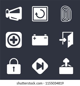 Set Of 9 simple icons such as Upload, Skip, Locked, Exit, Battery, Add, Fingerprint, Restart, Megaphone, can be used for mobile, pixel perfect vector icon pack on black background