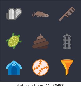 Set Of 9 simple icons such as Filter, Toy, Pet house, Cage, Poop, Turtle, Comb, Mouse, Grooming glove, can be used for mobile, pixel perfect vector icon pack on black background