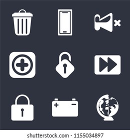 Set Of 9 simple icons such as Worldwide, Battery, Locked, Fast forward, Unlocked, Add, Mute, Smartphone, Garbage, can be used for mobile, pixel perfect vector icon pack on black background