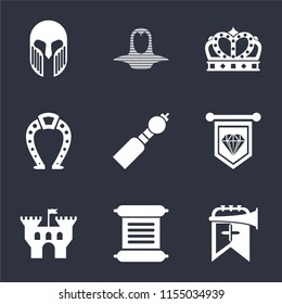 Set Of 9 simple icons such as Trumpet, Scroll, Castle, Standard, Bladder pipe, Horseshoe, Crown, Coif, Armour, can be used for mobile, pixel perfect vector icon pack on black background