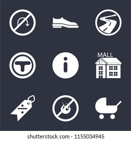 Set Of 9 simple icons such as Baby carriage, No fire, Discount, Mall, Information, Junction, Roads, Shoes, turn, can be used for mobile, pixel perfect vector icon pack on black background