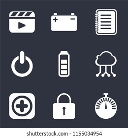 Set Of 9 simple icons such as Stopwatch, Locked, Add, Cloud computing, Battery, Switch, Note, Video player, can be used for mobile, pixel perfect vector icon pack on black background