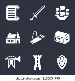 Set Of 9 simple icons such as Shield, Tower, Fanfare, Chest, Quiver, House, Caravel, Sword, Scroll, can be used for mobile, pixel perfect vector icon pack on black background