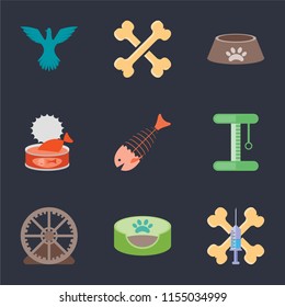 Set Of 9 simple icons such as Treats, Pet bed, Hamster ball, Platform, Fish bone, Cat food, Dog Bones, Bird, can be used for mobile, pixel perfect vector icon pack on black background