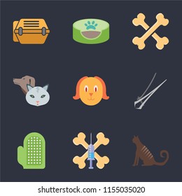 Set Of 9 simple icons such as Cat, Treats, Glove, Nail trimmer, Dog, Pet, Bones, Pet bed, Animal carrier, can be used for mobile, pixel perfect vector icon pack on black background