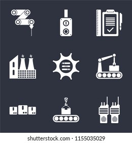 Set Of 9 simple icons such as Walkie talkie, Conveyor, Packages, Options, Factory, Plan, Switch, Drilling machine, can be used for mobile, pixel perfect vector icon pack on black background
