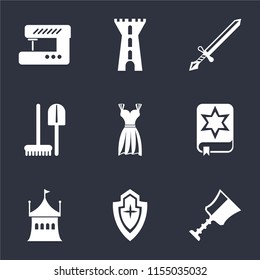 Set Of 9 simple icons such as Cup, Shield, Tent, Spellbook, Gown, Tools, Sword, Tower, Sewing machine, can be used for mobile, pixel perfect vector icon pack on black background