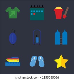 Set Of 9 simple icons such as Star, Flip flops, Cruise, Oxygen, Bellhop, Luggage, Sand bucket, Calendar, Shirt, can be used for mobile, pixel perfect vector icon pack on black background