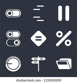 Set Of 9 simple icons such as Folder, Street, Volume control, Percent, Equal, Switch, Pause, can be used for mobile, pixel perfect vector icon pack on black background