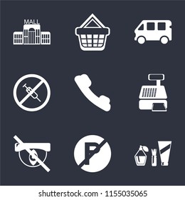 Set Of 9 simple icons such as Cosmetics, No parking, Hidden, Cashier machine, Telephone, drugs, Bus, Shopping basket, Mall, can be used for mobile, pixel perfect vector icon pack on black