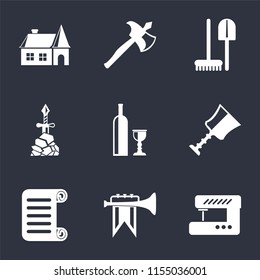 Set Of 9 simple icons such as Sewing machine, Fanfare, Scroll, Cup, Wine, Excalibur, Tools, Axe, House, can be used for mobile, pixel perfect vector icon pack on black background