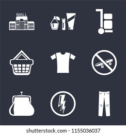 Set Of 9 simple icons such as Jeans, Electricity, Purse, Skateboard, Shirt, Shopping basket, Trolley, Cosmetics, Mall, can be used for mobile, pixel perfect vector icon pack on black background