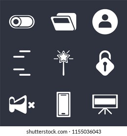 Set Of 9 simple icons such as Television, Smartphone, Mute, Unlocked, Magic wand, User, Folder, Switch, can be used for mobile, pixel perfect vector icon pack on black background