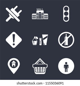 Set Of 9 simple icons such as Restroom, Shopping basket, Location, No alcohol, Cosmetics, Warning, Traffic light, Mall, plug, can be used for mobile, pixel perfect vector icon pack on black