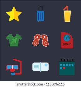 Set Of 9 simple icons such as Calendar, Postcards, Snorkel, Passport, Flip flops, Shirt, Cocktail, Luggage, Star, can be used for mobile, pixel perfect vector icon pack on black background