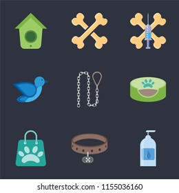 Set Of 9 simple icons such as Drops, Collar, Shopping bag, Pet bed, Leash, Bird, Treats, Bones, Birdhouse, can be used for mobile, pixel perfect vector icon pack on black background