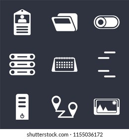 Set Of 9 simple icons such as Picture, Placeholders, Server, Calendar, Database, Switch, Folder, Id card, can be used for mobile, pixel perfect vector icon pack on black background